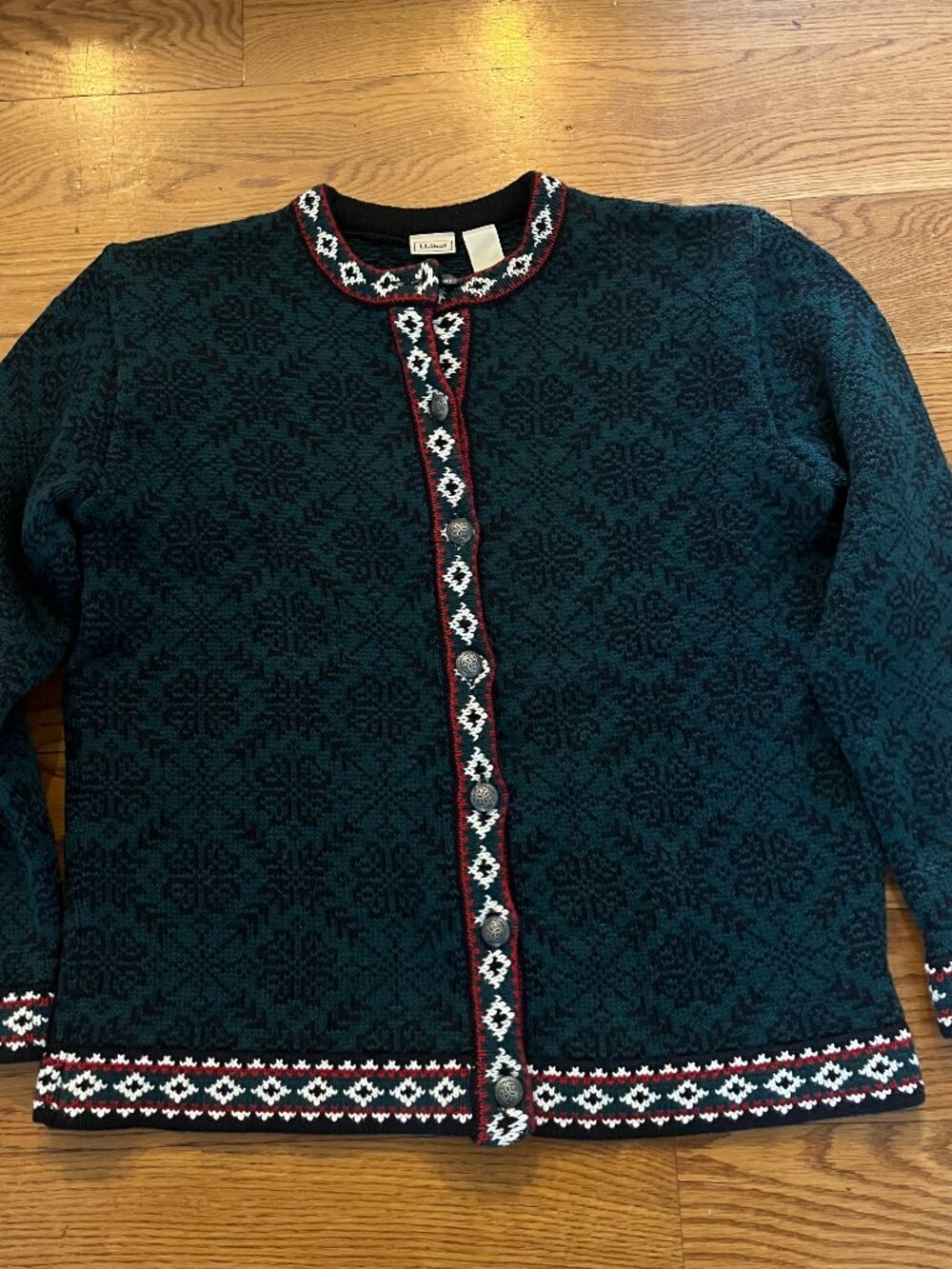 L.L. Bean Forest Green Nordic-Patterned Button Woman's Cardigan Sz L 100% Cotton